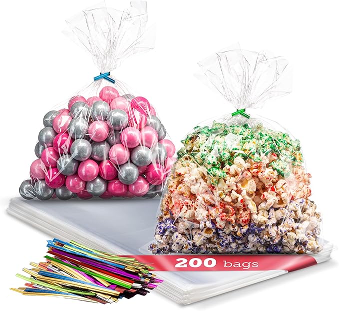 Prestee 200-Pack Clear Plastic Cellophane Gift Bags [9x12] with 4" Twist Ties - Perfect for Candy, Cookies, & Treats (Pack of 200)