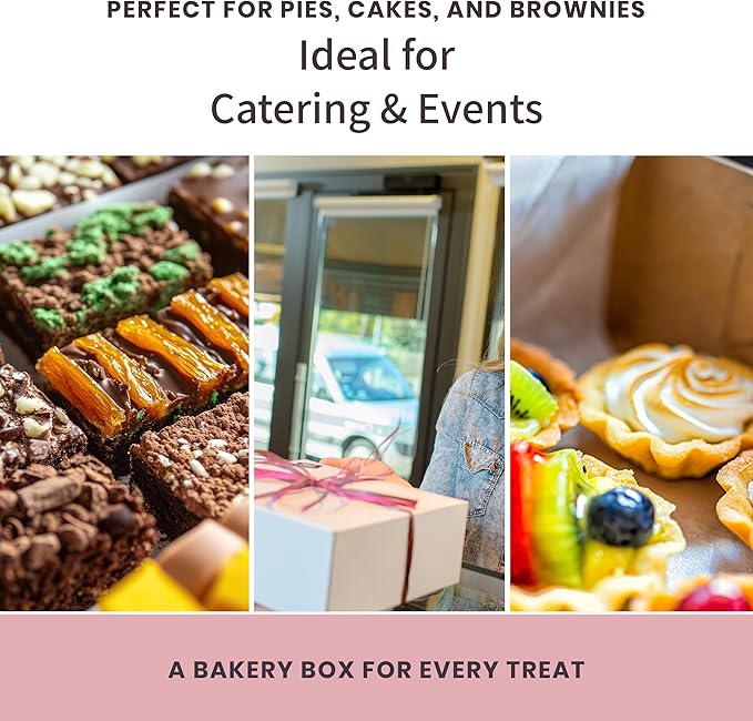 Reversible Bakery Boxes 10 x 10 x 3 in, No Window Lock Corner Pie and Cake Boxes with Front Tuck Lock & Side Clips, Kraft or White Exterior, Microwavable, 100 Pack