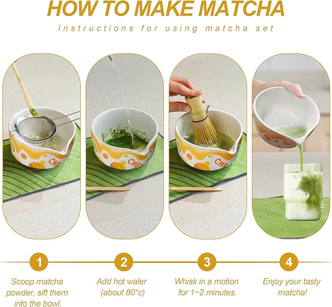Matcha Whisk Set 7 Pcs Ceramic Matcha Set Includes Matcha Bowl, Matcha Whisk and Holder, Bamboo Scoop, Scoop Rest, Sifter and Tea Towel - Matcha Kit for Matcha Lovers