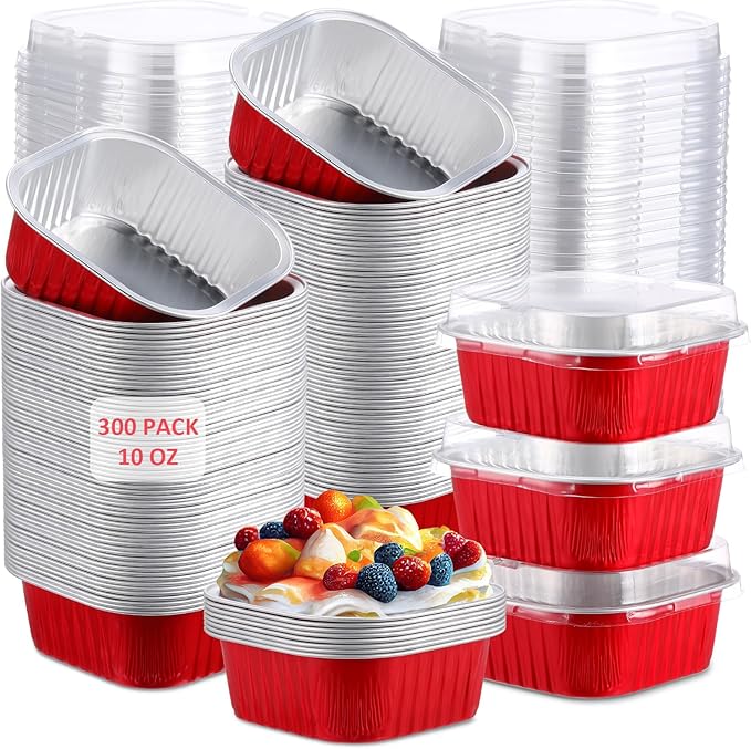 Aoriher 300 Pieces 10 oz Mini Cake Pans with Lids, Aluminum Foil Baking Cups, Square Disposable Cupcake Cups Baking Tins for Wedding Birthday Party Supplies(Red)