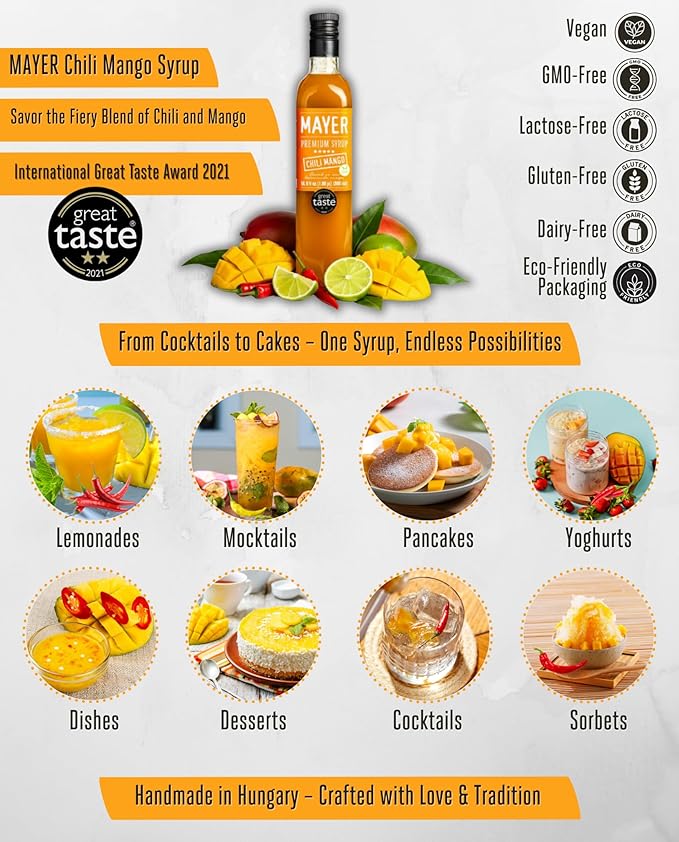 Mayer Premium Chili Mango Syrup – Award-Winning Organic Fruit Syrup, Over 50% Real Fruits, All Natural, Vegan, Gluten-Free – Ideal for Cocktails, Coffee, Desserts, Cocktails (16.9 oz)