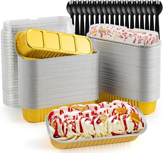 120Pcs Mini Loaf Pans with Lids and Spoons, Aluminum Foil Baking Pans, Rectangle Mini Cake Pan, Brownie Baking Cups for Picnics Party (Gold)