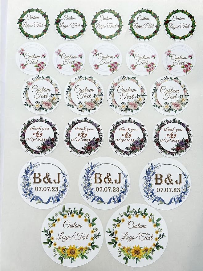 Custom Stickers for Weddings, Birthdays & Businesses - Personalized Labels with Your Logo - Waterproof, Fade and Heat Resistant - Pack of 100-1000 (Wreath I, 3 Inch)