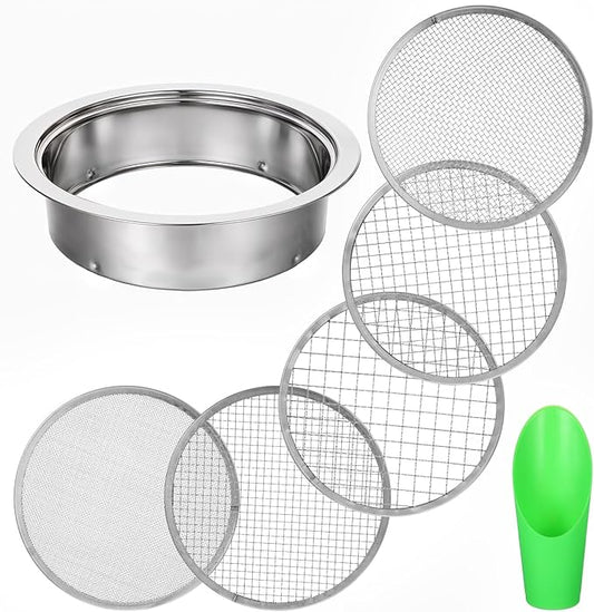 Soil Sieve Set Garden Soils Sifter Stainless Steel Mesh Sifters Compost Sifter with 1,3,6,9,12mm Sieve Mesh and Bonsai Soil Scoop
