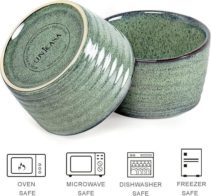 UNICASA Ramekin Set of 2, UNICASA 8 oz Creme Brulee Ramekins, Oven Safe Baking Set for Custard, Pudding, Souffle Cups, Reactive Green