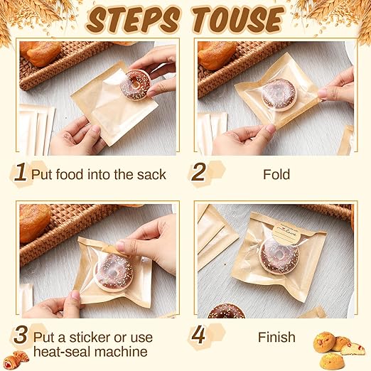 Outus 100 Pcs Cookie Packaging Bags with Seal, 3 x 3 Inch Bakery Pastry Bags with Window, Heat Sealable Grease Resistant Paper to Go Bake Sleeves for Gift Giving Donut Bread Sandwich (Brown)