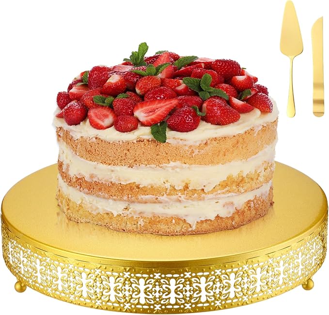 Wenqik Gold Cake Stand, 14 Inch Metal Round Cupcake Dessert Stand with Cake Knife and Server Wedding Cupcake Display Holder Cookies Serving Tray for Wedding Birthday Baby Shower Party
