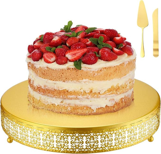 Wenqik Gold Cake Stand, 14 Inch Metal Round Cupcake Dessert Stand with Cake Knife and Server Wedding Cupcake Display Holder Cookies Serving Tray for Wedding Birthday Baby Shower Party