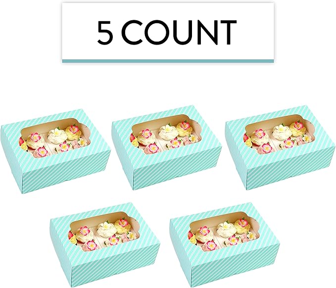 Global Sugar Art Auto-Popup Quarter Sheet Cake & 12 Cupcake Box with Window and Cupcake Inserts, Designer Blue Stripe 14 x 10 x 4 Inches, 5 Count