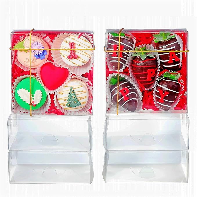 50Pack 5x5x2Inches Clear Bakery Boxes Chocolate Covered Strawberries Boxes for 4 Mini Cake Boxes Cookies Macaron Boxes Pie Boxes Browines boxes