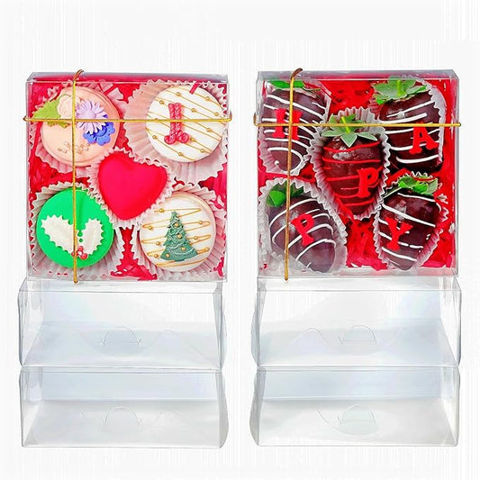 50Pack 5x5x2Inches Clear Bakery Boxes Chocolate Covered Strawberries Boxes for 4 Mini Cake Boxes Cookies Macaron Boxes Pie Boxes Browines boxes