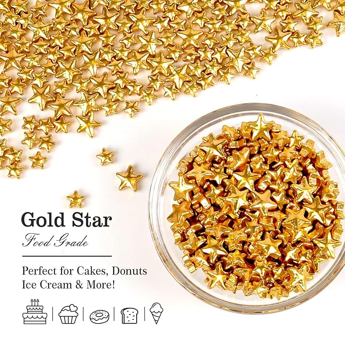 Christmas Gold Star Sprinkles for Cake Decorating, Edible Star Sugar Candy, Mix Size, Baking For Cupcakes, Decorating, Cookies, Donuts, Wedding Party, Holiday, 150g/5.29oz