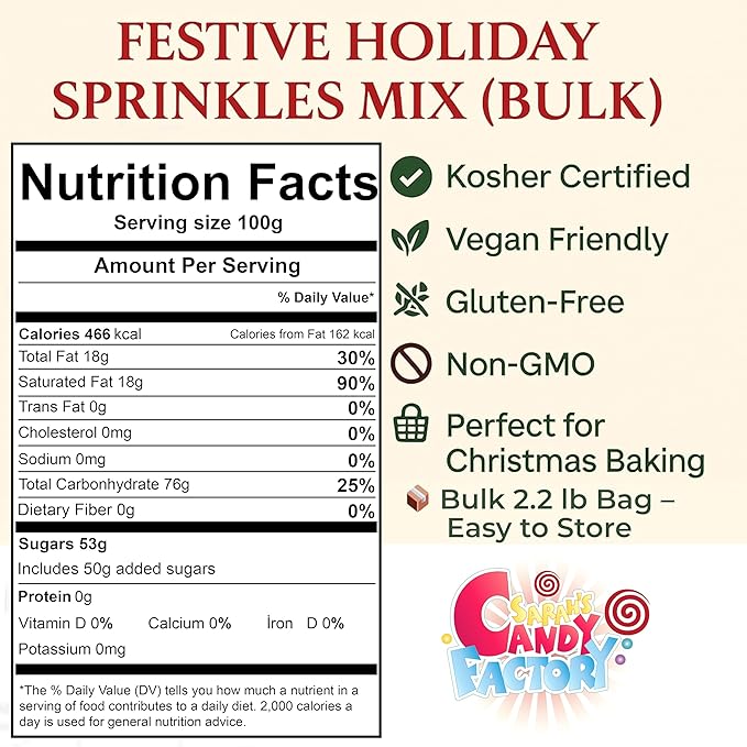 Christmas Holiday Sprinkles Bulk - Kosher, 2.2 Pounds - Holiday Jimmies - Red White and Green Xmas Baking Toppings for Cookies, Cakes, Cupcakes, in Bag