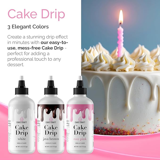 Cake Craft Cake Drip 3-Pack – Java Brown, Rosy Pink & White | Ready-to-Use Drip Icing for Cake Decorating | Vanilla & Chocolate Flavored | No Heating Required | 2oz Bottles