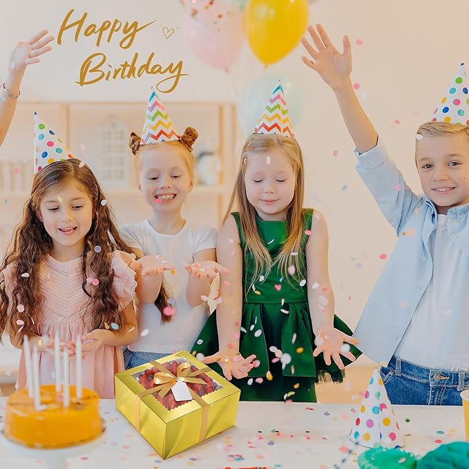 32Pcs 10 Inch Cake Boxes with Cake Boards (16Pcs Gold Cake Boxes, 16Pcs Cake Boards), 10x10x5 Inch Bakery Boxes with Window, Cake Carrier Container for Birthday Party, Wedding