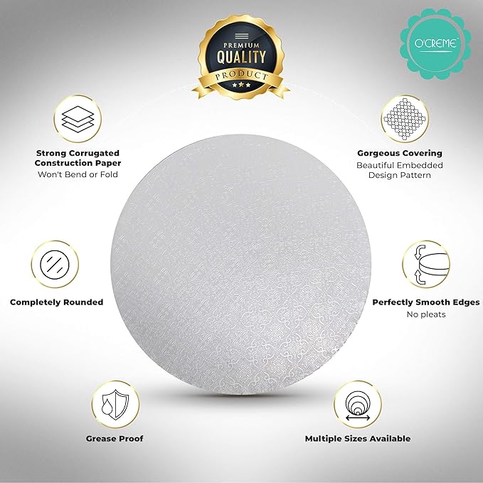 O’Creme Cake Board, White Round Cake Circles with Gorgeous Design, Sturdy & Durable 1/2” Thick Cake Drums, Round Cake Boards with 24” Diameter, Pack of 5 Disposable Cake Drums