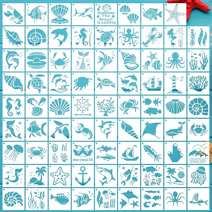 80 Pcs 4 x 4 Inch Stencils for Painting on Wood, Reusable Sea Ocean Creatures Mermaid Dolphin Shark Plastic Stencils DIY Craft Paint Template Set for Wall Home Decor