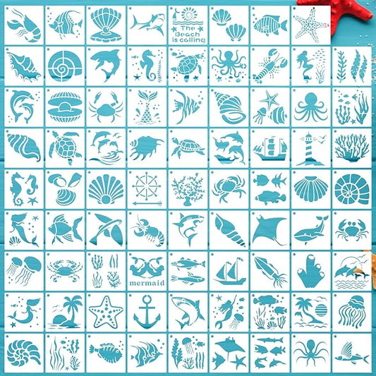 80 Pcs 4 x 4 Inch Stencils for Painting on Wood, Reusable Sea Ocean Creatures Mermaid Dolphin Shark Plastic Stencils DIY Craft Paint Template Set for Wall Home Decor
