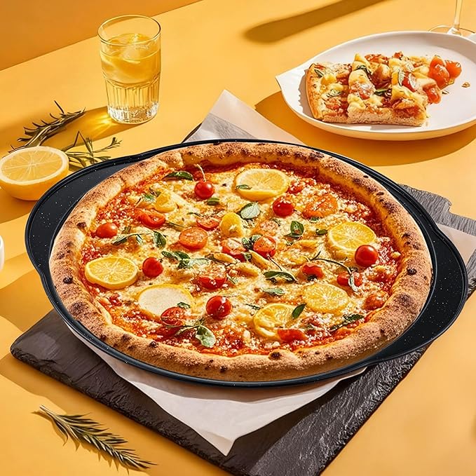 2P Non Stick Pizza Pans - 12” Round Pizza Tray with Holes and Handle, Carbon Steel Pizza Pan for Oven, Dishwasher Safe, PFOA Free