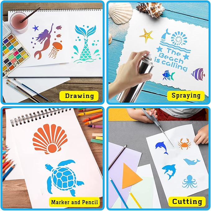 80 Pcs 6 x 6 Inch Stencils for Painting on Wood, Reusable Sea Ocean Creatures Mermaid Dolphin Shark Plastic Stencils DIY Craft Paint Template Set for Wall Home Decor