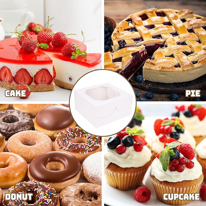 Moretoes 24pcs Cake Boxes, 12x12x6 Inch Square Bakery Boxes with Window Cajas Pasteles for Valentine's Day, Mother's Day, Pastries, Chocolates, Cookies, Pie, Birthday Party, Wedding