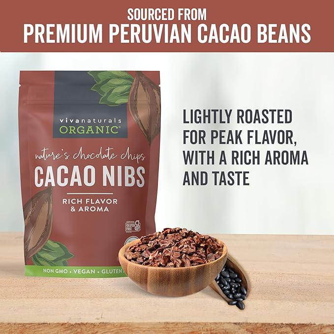 Viva Naturals Organic Cacao Nibs, Unsweetened, 8 oz (227 g), Keto Friendly, Vegan, Non-GMO, Gluten-Free Chocolate Chip Substitute