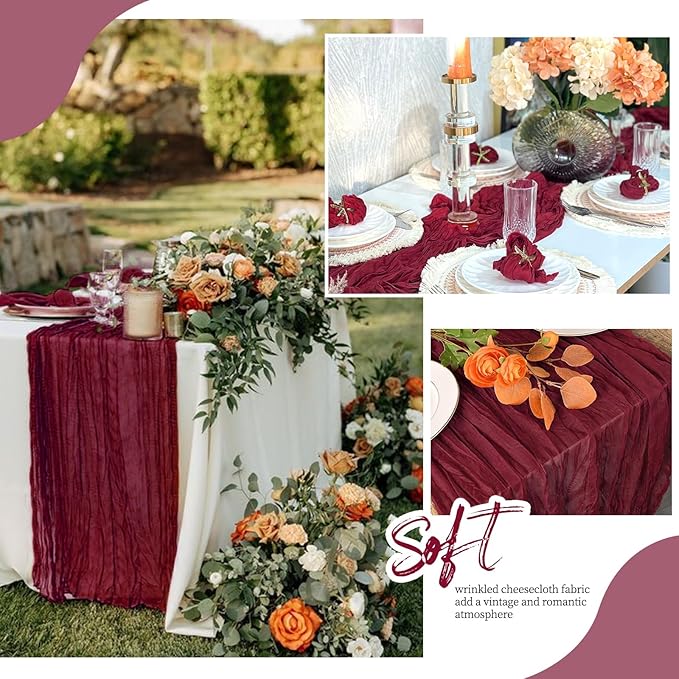 12 Pack Burgundy Cheesecloth Table Runner 17x108 Inch Semi Sheer Boho Gauze Cheese Cloth Fabric Table Runners, for Wedding Party Baby Shower Birthday Home Decor Garden Farmhouse