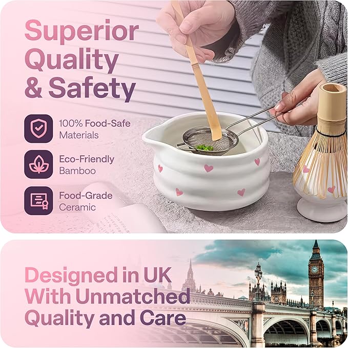 Matcha Whisk Set with Pink Hearts - 6 Piece Ceramic Matcha Set with a Bowl, Whisk, Stand, Spoon and Sifter - Designed in the UK - Gift Set