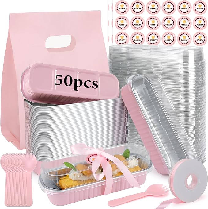 OcePor 50 Pack Mini Loaf Pans With Lids，Mini Cake Pans With Lids and Spoons，6.8oz Bread Loaf Pans Disposable，Small Aluminum Cake Tins,Baking Pans Individual