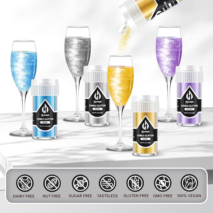 Edible Glitter – 12 Colors Luster Dust Drink Glitter, Food Grade Cocktail Shimmer Powder for Beverages, Cakes, Chocolate & Candy, 5g/Bottle