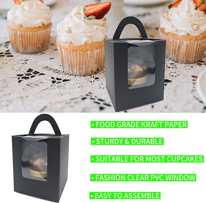 50-Set Individual Cupcake Boxes Bulk with Clear Display Window, Disposable Food Grade Black Cupcake Carrier Cupcake Container, Perfect for Cupcakes Muffins Cookies Pastries