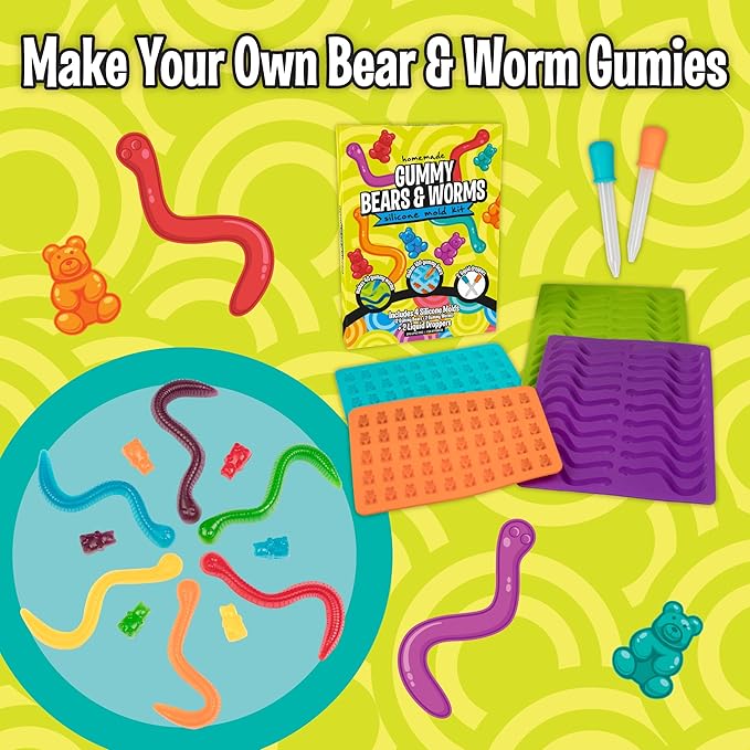 Gummy Bear & Worm Silicone Candy Molds (4pk) BPA-Free Nonstick Trays w 2 Droppers for Chocolate, Ice Cubes & More-Make up to 140 Candies for Holiday Parties-Fun Winter Activity, Gift, Stocking Stuffer