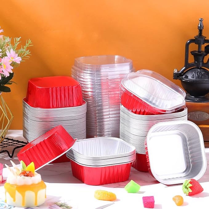 Aoriher 300 Pieces 10 oz Mini Cake Pans with Lids, Aluminum Foil Baking Cups, Square Disposable Cupcake Cups Baking Tins for Wedding Birthday Party Supplies(Red)