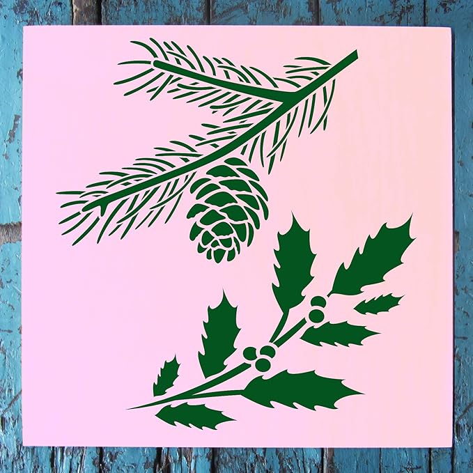 Stencil1 Holly and Evergreen Branches Stencil – Reusable Winter Template for DIY Crafts, Holiday Decor, Painting on Wood, Fabric, Cards & More - 5.75" x 6"