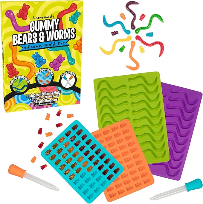 Gummy Bear & Worm Silicone Candy Molds (4pk) BPA-Free Nonstick Trays w 2 Droppers for Chocolate, Ice Cubes & More-Make up to 140 Candies for Holiday Parties-Fun Winter Activity, Gift, Stocking Stuffer