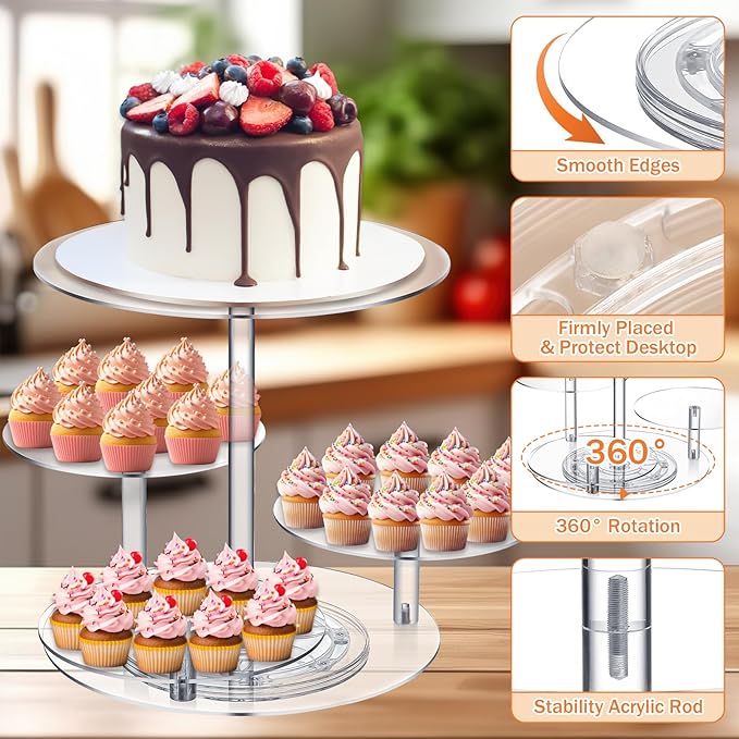 Tiered Cupcake Display Stand Rotatable Cake and Cupcake Tower Stand Combo Clear Acrylic Cake Holder with Tiered Tray for Dessert Pastry Birthday Wedding Party Table(4 Tire and Round)