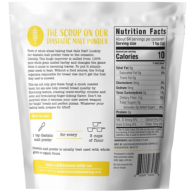 Diastatic Malt Powder (7oz) Dry Malt Powder for Baking, Improve Dough Rise, Enhance Bread Texture and Flavor, Perfect for Bread and Pizza, Non-GMO Sourced, Premium Quality, 100% Malted Barley Flour
