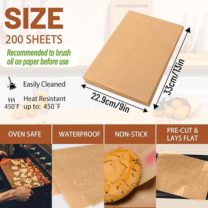 200 Pcs Parchment Paper Baking Sheets, 9"x13" Precut Non-Stick Baking Parchment Paper Sheets Bun Sheet Pan Liners.Baking Grilling Air Fryer Steaming Bread Cup Cake Cookie (Brown-9"x13")