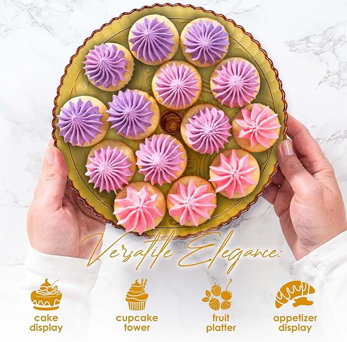 Amici Home Flower Footed Glass Cake Stand | Round Vintage Style Cake Plate | Serving Platter for Cupcakes, Cookies | Dessert Display Stand for Parties, Weddings, and Gift | 10” D x 4” H (Amber)