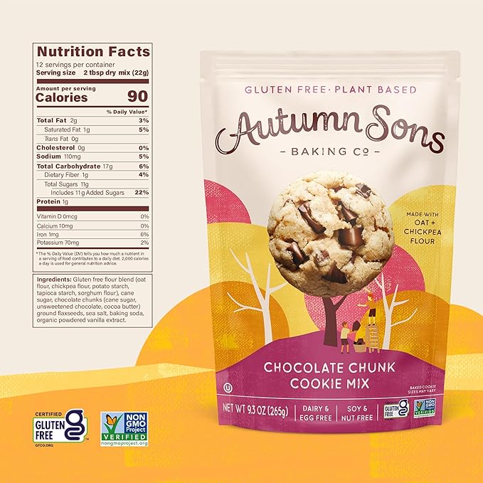 Autumn Sons Baking Co. Gluten Free Chocolate Chunk Cookie Mix. Vegan Plant Based Baking Mix. Top 9 Allergen Free. Dairy Free, Nut Free, Soy Free, Non GMO 9.3 oz (Pack of 3)