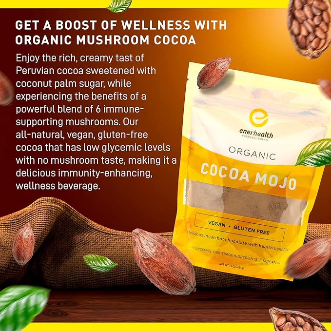 Enerhealth Botanicals Cocoa Mojo – Certified Organic Hot Chocolate Peruvian Cocoa Mix, Sweetened with Low Glycemic Coconut Palm Sugar and Infused with 6 Mushroom Extracts to Boost Immunity – 16 oz