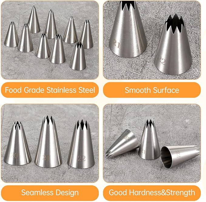 Stainless Steel Star Piping Tips Set, 9 Piece French Star Tube Frosting Nozzle Kit Open Stars Piping Tips Set Pastry Decorating Tip For Cupcakes Cookies Cakes (Small Size)