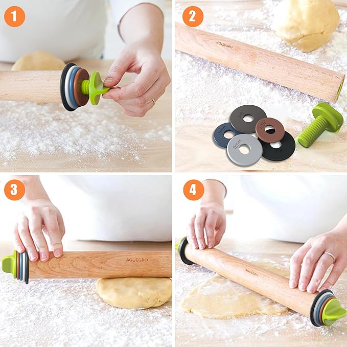 Rolling Pin with Adjustable Thickness Ring, Dough Thickness for Baking, Fondant, Pizza, Crust, Cookies, Pastry, 13.6" Wooden Rolling Pin with 4 Multi-Color Thickness Rings and Wooden Stand