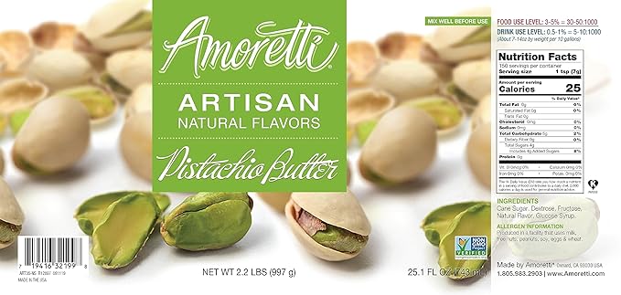 Amoretti - Natural Pistachio Butter Artisan Flavor Paste, 8 oz, Perfect For Ice Cream, Beverages, Cakes, and more, Preservative Free, Vegan, Gluten Free, No Artificial Sweeteners, Highly Concentrated