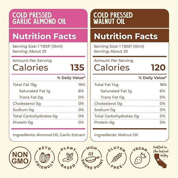 Fresh Vintage Farms Nut Bundle 100% Cold Pressed Walnut & Garlic Almond Cooking Oils | Cold Pressed & Nutritious Healthy Oils for Cooking, Baking, Dipping, Salads, & Marinades | 375ml, Pack of 2