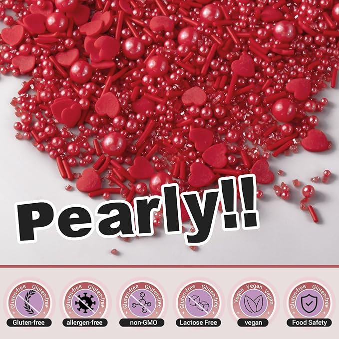 HUEBEATY 6-in-1 Christmas Red Sprinkles for Cake Decorating - 180g Red Heart Shaped Confetti Sprinkles, Edible Sugar Pearls, Sanding Sugar & Jimmies, Grinch Christmas & Valentines Sprinkles for Cookies, Cupcakes Baking