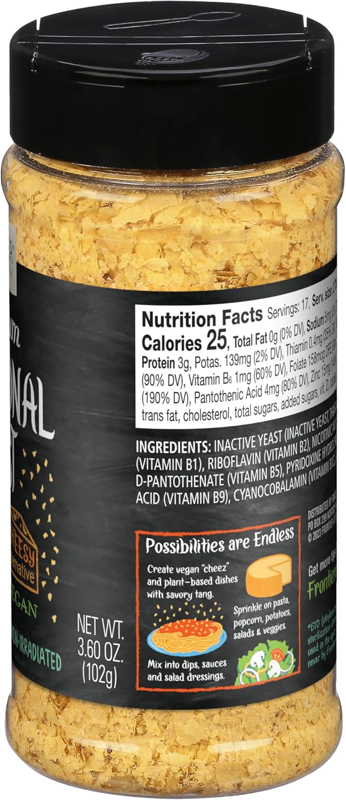 Frontier Co-op Premium Nutritional Yeast Flakes, 3.6 oz. - Vegan, Gluten-Free, Kosher, Non-Irradiated Seasoning, Dairy-Free Cheese Flavor, Rich in B Vitamins