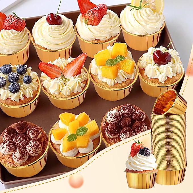 300 Pack Gold Cupcake Baking Cups,3.5 Oz Disposable Foil Muffin Liners,Mini Metallic Foil Cupcake Liners for Baking,Aluminum Ramekin Holders Cups for Birthday Party,Wedding,Festival Supply