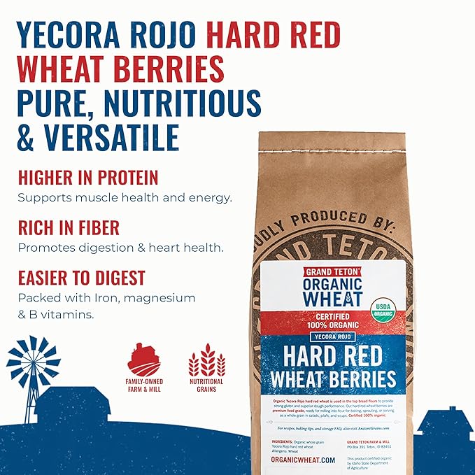 Yecora Rojo Hard Red Wheat Berries by Grand Teton Organic Wheat | Organic Hard Red Spring Wheat Berries for Baking Whole Grain Breads or Milling Into Flour | Non-GMO, (15 Pounds)