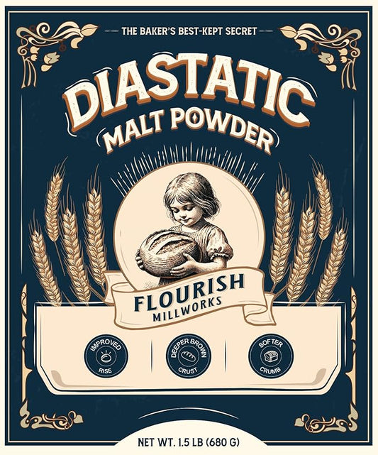 Flourish Millworks Diastatic Malt Powder 24oz. - Premium Baking Enhancer & Dough Improver - The Baker's Best-Kept Secret for Perfect Rise and Browning (1.5 lbs.)